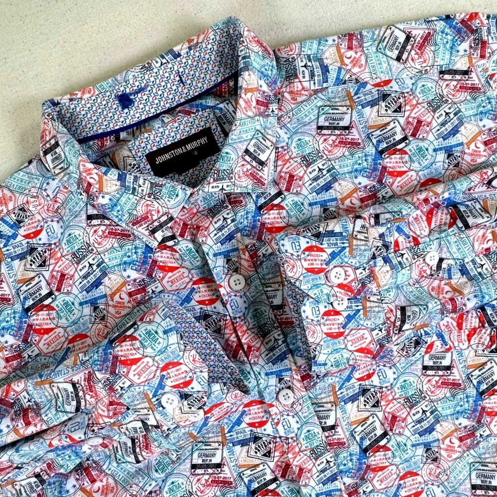 Johnston & Murphy Mens XL Passport Visa Stamp Print Cotton Button Down Shirt